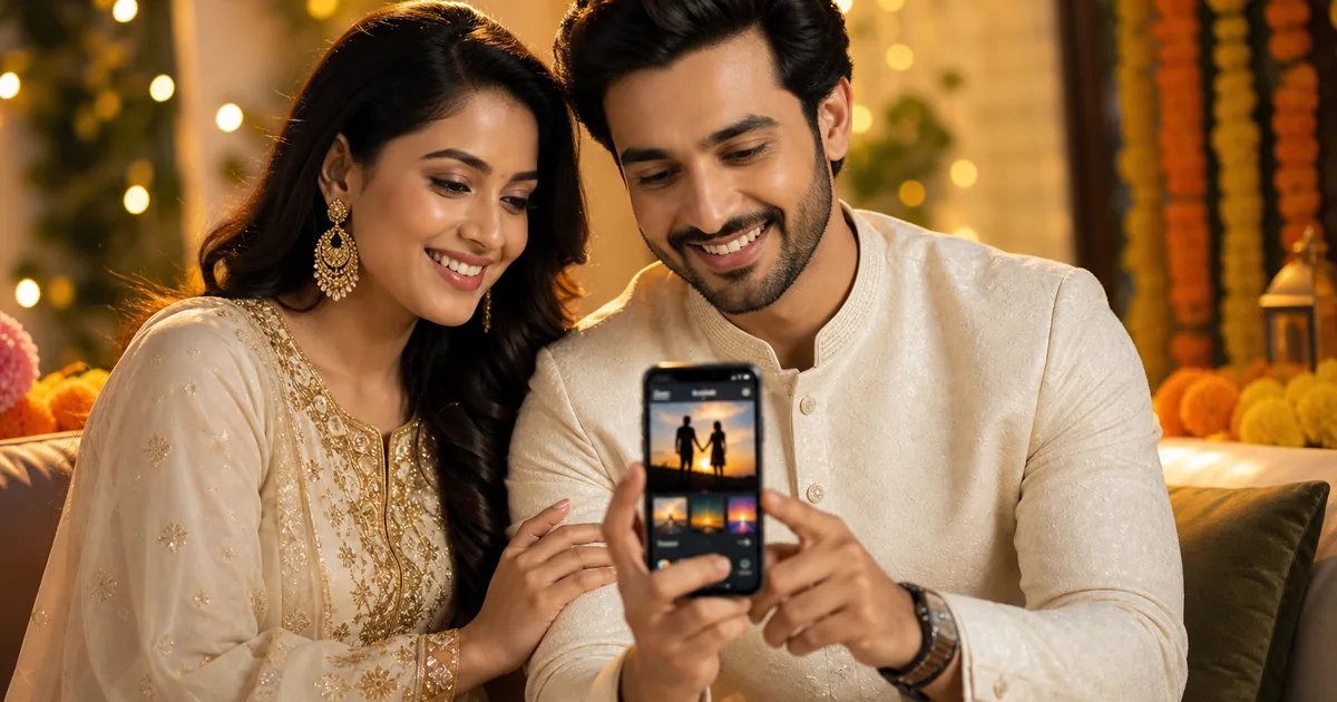 Picture anniversary ideas for Indian couples with romantic golden-hour portrait