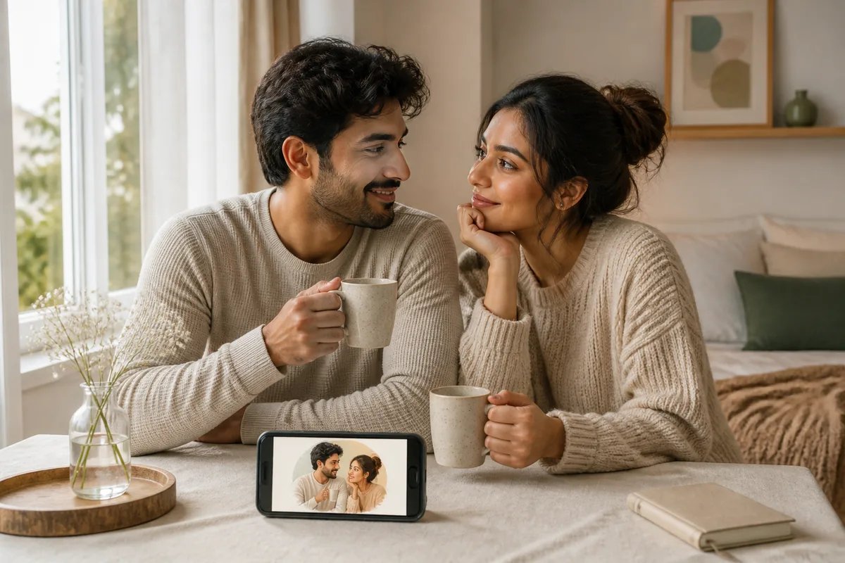 At-home anniversary picture idea with cozy window light