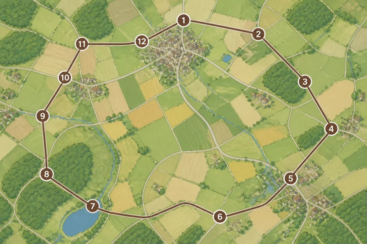 Illustration of a 12‑stop farm delivery route on a map